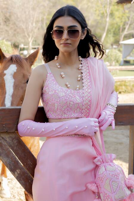 Buy_Punit Balana_Pink Chanderi Silk, Satin, Organza Embroidery Pre-draped Saree With Blouse _Online_at_Aza_Fashions