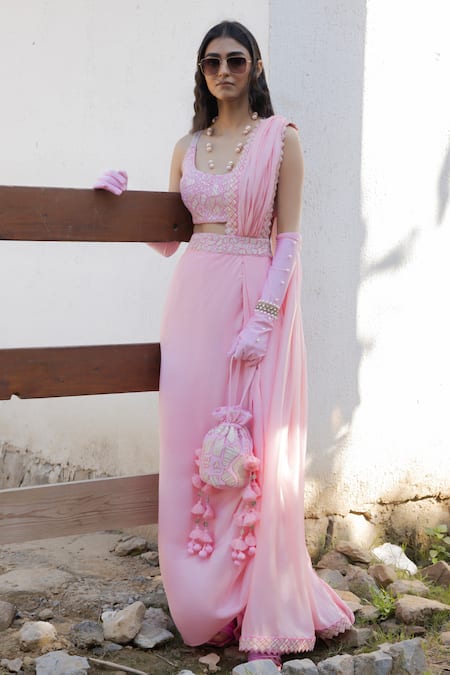 PUNIT BALANA Pink Saree Satin Silk Embroidered Geometric Pre-draped With Blouse 