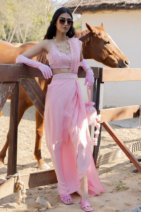 Punit Balana Pre-Draped Saree With Embroidered Blouse 