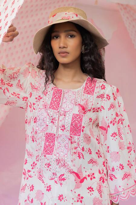 Punit Balana_Ivory Silk Embroidery Round Neck Floral Print Kurta And Pant Set _Online_at_Aza_Fashions