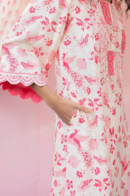 Buy_Punit Balana_Ivory Silk Embroidery Round Neck Floral Print Kurta And Pant Set _Online_at_Aza_Fashions