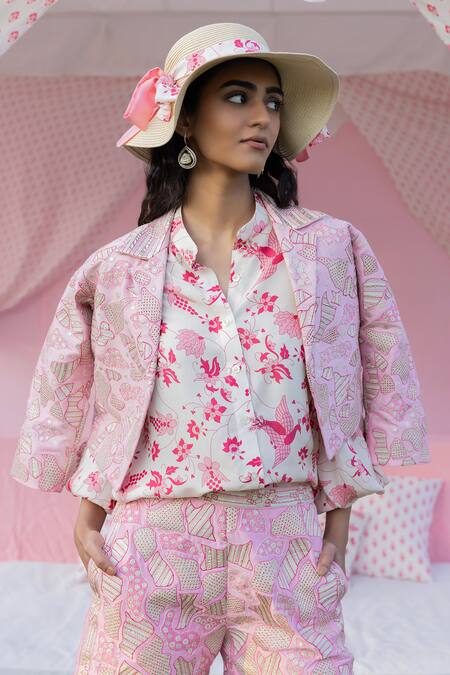 Punit Balana_Pink Satin, , Chanderi Patch Work Embellished Crop Jacket Shorts Set _Online_at_Aza_Fashions