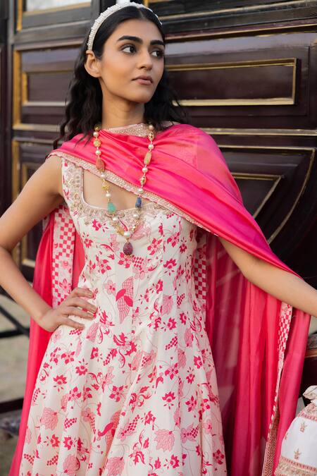 Punit Balana Pink Silk, Organza Embroidery Scoop Neck Floral Print Anarkali Set Online at Aza Fashions Punit Balana_Pink Silk, Organza Embroidery Scoop Neck Floral Print Anarkali Set _Online_at_Aza_Fashions