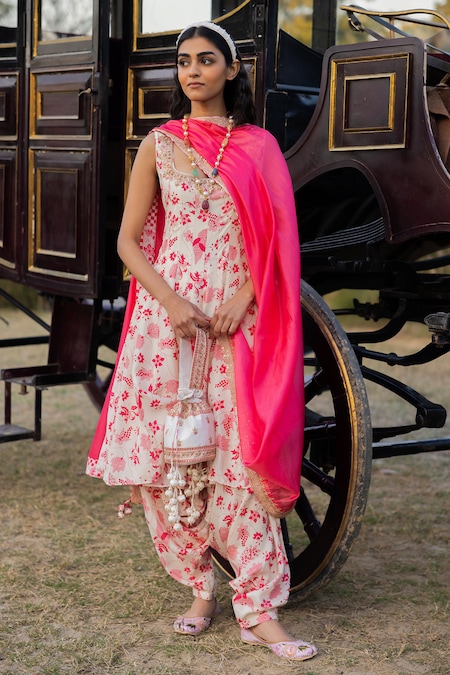 PUNIT BALANA Pink Kurta And Pant Silk Printed Marodi Scoop Floral Anarkali Set  