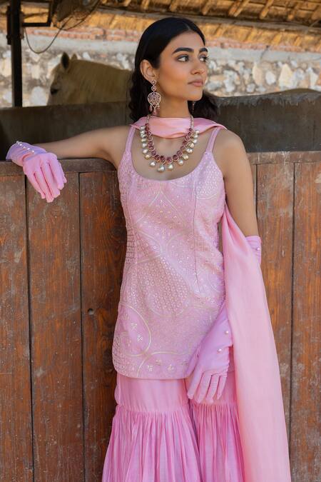Punit Balana_Pink Chanderi Silk, Organza Embroidery, Sequins The Noor Kurta Gharara Set _Online_at_Aza_Fashions