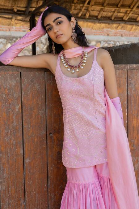 Buy_Punit Balana_Pink Chanderi Silk, Organza Embroidery, Sequins The Noor Kurta Gharara Set _Online_at_Aza_Fashions