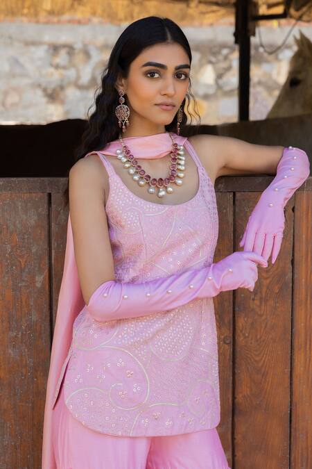 Shop_Punit Balana_Pink Chanderi Silk, Organza Embroidery, Sequins The Noor Kurta Gharara Set _Online_at_Aza_Fashions