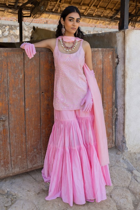 PUNIT BALANA Pink Kurta And Gharara Chanderi Silk Embroidered Resham The Noor Set 