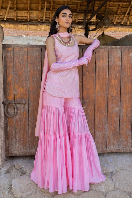 Shop_Punit Balana_Pink Chanderi Silk, Organza Embroidery, Sequins The Noor Kurta Gharara Set _at_Aza_Fashions