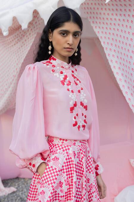 Punit Balana_Pink Shirt Silk Printed Sequins Mandarin Collar Masoom Gulabi Skirt Set _Online_at_Aza_Fashions