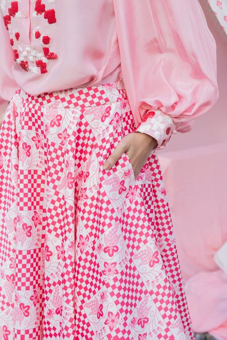 Buy_Punit Balana_Pink Shirt Silk Printed Sequins Mandarin Collar Masoom Gulabi Skirt Set _Online_at_Aza_Fashions