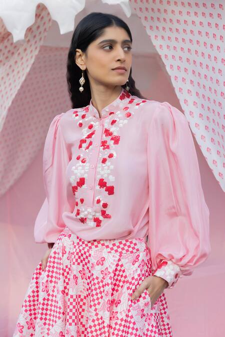 Shop_Punit Balana_Pink Shirt Silk Printed Sequins Mandarin Collar Masoom Gulabi Skirt Set _Online_at_Aza_Fashions