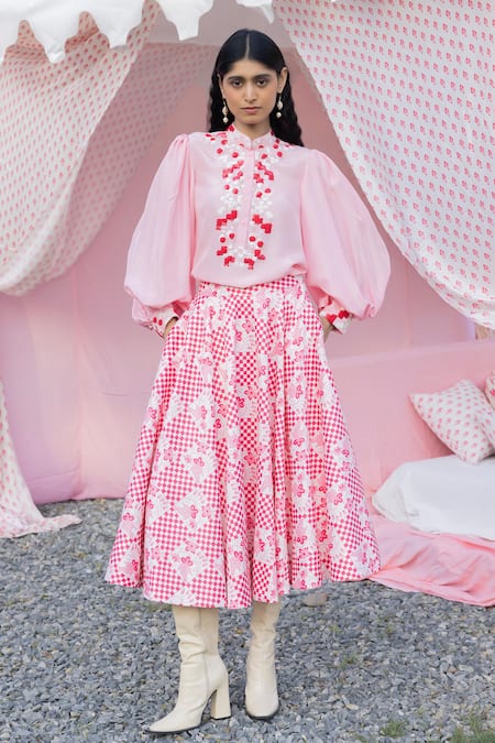 PUNIT BALANA Pink Shirt Silk Printed Sequins Mandarin Masoom Gulabi Skirt Set 