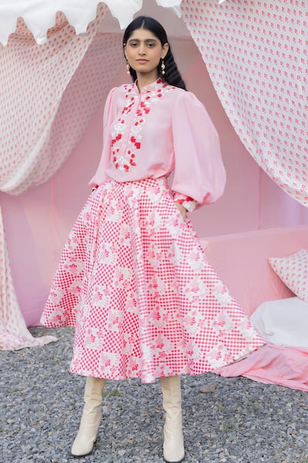 Shop_Punit Balana_Pink Shirt Silk Printed Sequins Mandarin Collar Masoom Gulabi Skirt Set _at_Aza_Fashions