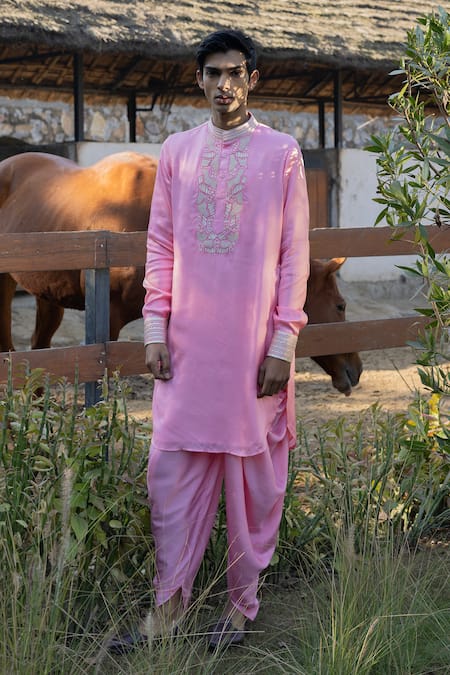 PUNIT BALANA Pink Satin Silk Embroidered Patch Work Masoom Gulaabi Kurta Set 