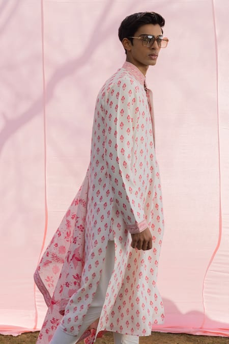 Punit Balana_Pink Silk, Tussar Embroidery Floral Print Kurta Set With Dushala _Online_at_Aza_Fashions
