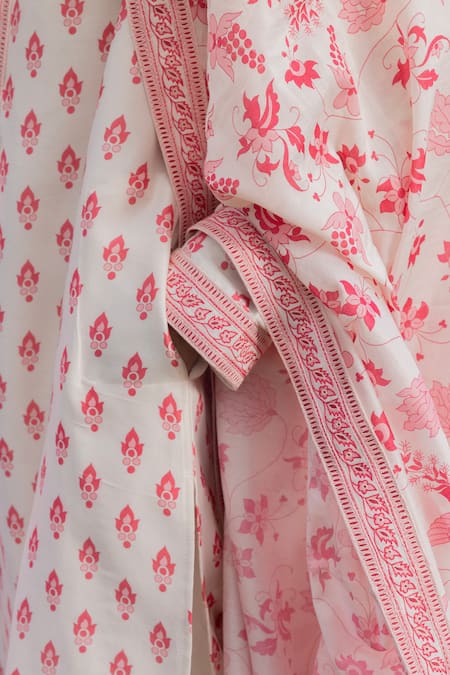 Buy_Punit Balana_Pink Silk, Tussar Embroidery Floral Print Kurta Set With Dushala _Online_at_Aza_Fashions