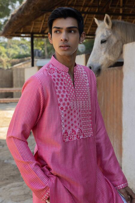 Punit Balana_Pink Chanderi Silk Embroidery Checkered Print Kurta Pant Set _Online_at_Aza_Fashions