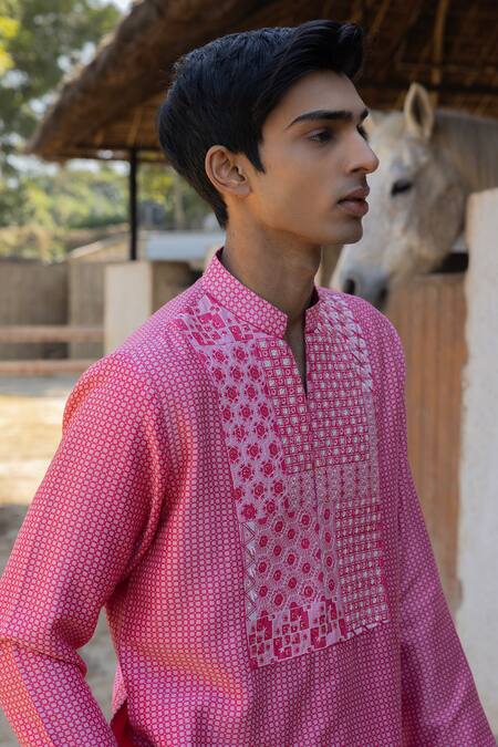 Buy_Punit Balana_Pink Chanderi Silk Embroidery Checkered Print Kurta Pant Set _Online_at_Aza_Fashions