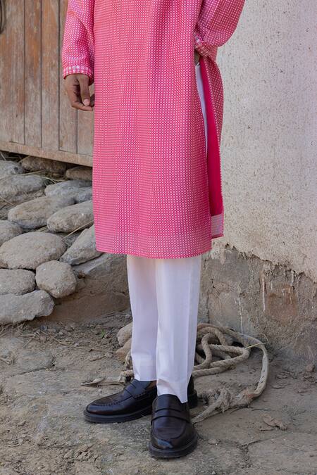 Shop_Punit Balana_Pink Chanderi Silk Embroidery Checkered Print Kurta Pant Set _Online_at_Aza_Fashions