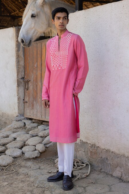 PUNIT BALANA Pink Chanderi Silk Printed Checkered Kurta Pant Set 