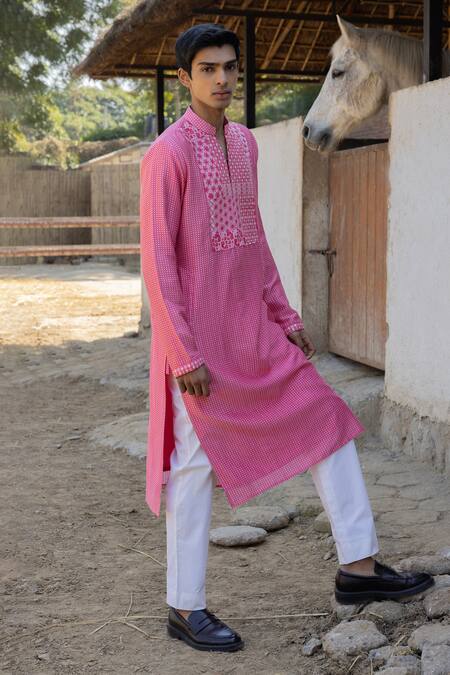 Shop_Punit Balana_Pink Chanderi Silk Embroidery Checkered Print Kurta Pant Set _at_Aza_Fashions