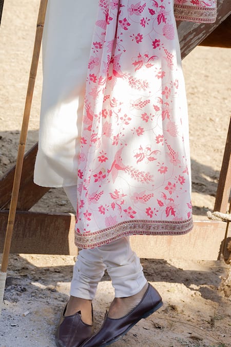 Punit Balana_White Tussar, Silk Embroidery Kurta Set With Printed Dushala _Online_at_Aza_Fashions