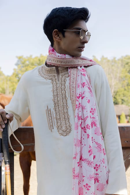 Buy_Punit Balana_White Tussar, Silk Embroidery Kurta Set With Printed Dushala _Online_at_Aza_Fashions