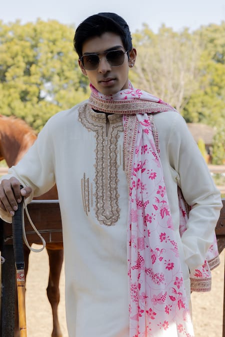 Shop_Punit Balana_White Tussar, Silk Embroidery Kurta Set With Printed Dushala _at_Aza_Fashions