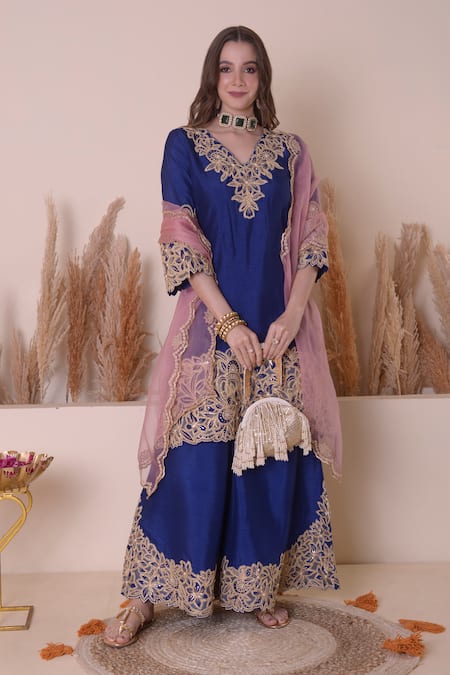 Surabhi Arya Blue Bamberg Silk Embroidery Zari V Neck Floral Kurta Sharara Set 