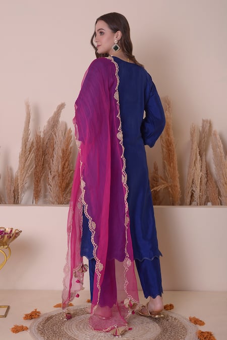 Shop_Surabhi Arya_Blue Bamboo, Organza Zari, Embroidery V-neck Scallop Cutwork Kurta Pant Set _at_Aza_Fashions