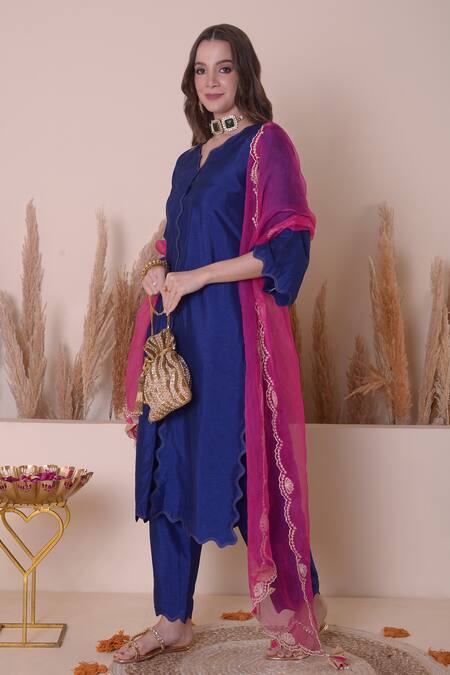 Buy_Surabhi Arya_Blue Bamboo, Organza Zari, Embroidery V-neck Scallop Cutwork Kurta Pant Set _Online_at_Aza_Fashions