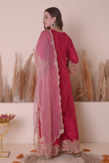 Shop_Surabhi Arya_Pink Bamboo, Organza Beads, Zari, Embroidery Floral Bloom Kurta Sharara Set _at_Aza_Fashions