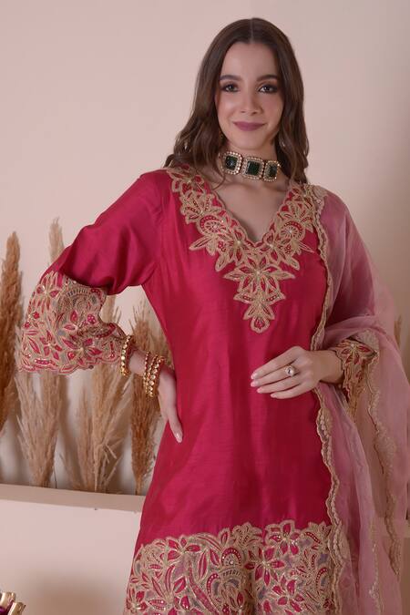Surabhi Arya_Pink Bamboo, Organza Beads, Zari, Embroidery Floral Bloom Kurta Sharara Set _Online_at_Aza_Fashions
