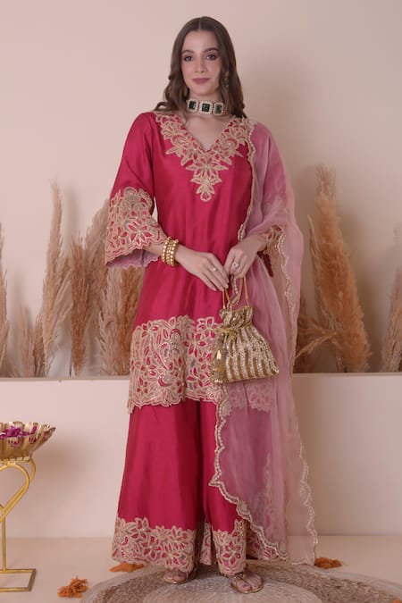 Shop_Surabhi Arya_Pink Bamboo, Organza Beads, Zari, Embroidery Floral Bloom Kurta Sharara Set _Online_at_Aza_Fashions