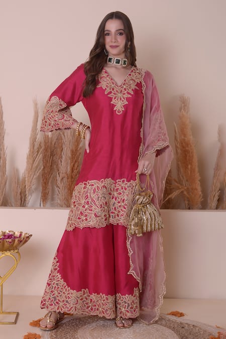Surabhi Arya_Pink Bamboo, Organza Beads, Zari, Embroidery Floral Bloom Kurta Sharara Set _at_Aza_Fashions