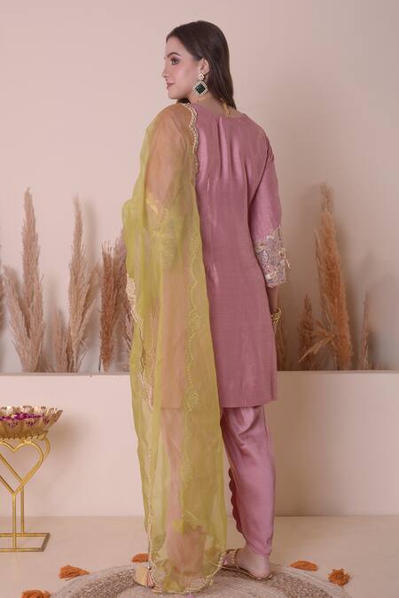 Shop_Surabhi Arya_Pink Bamboo, Organza Zari, Embroidery V-neck Placement Kurta Dhoti Pant Set _at_Aza_Fashions