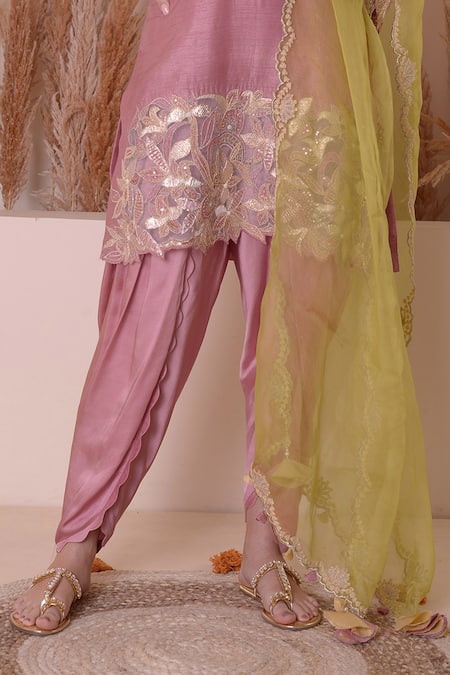 Buy_Surabhi Arya_Pink Bamboo, Organza Zari, Embroidery V-neck Placement Kurta Dhoti Pant Set _Online_at_Aza_Fashions