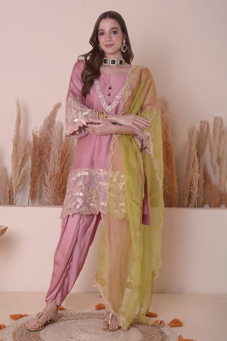 Shop_Surabhi Arya_Pink Bamboo, Organza Zari, Embroidery V-neck Placement Kurta Dhoti Pant Set _Online_at_Aza_Fashions
