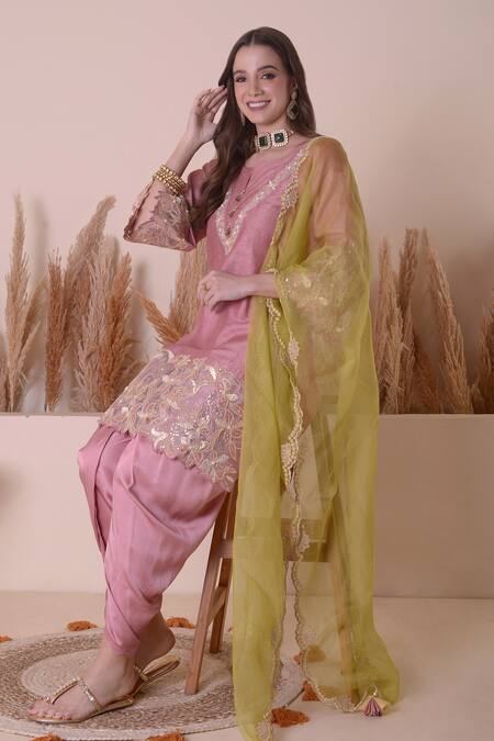 Buy_Surabhi Arya_Pink Bamboo, Organza Zari, Embroidery V-neck Placement Kurta Dhoti Pant Set 