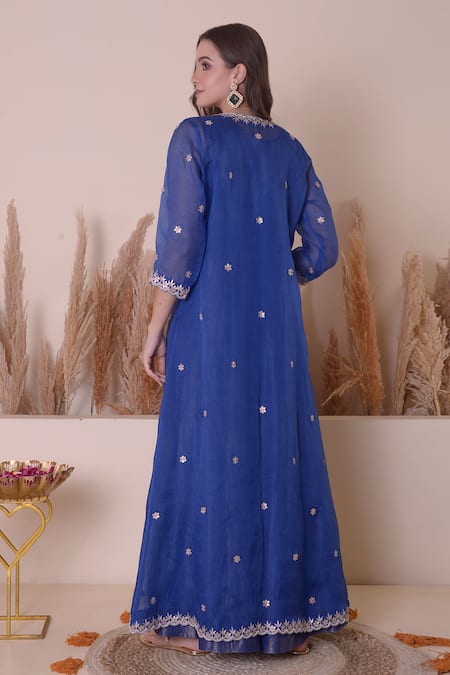 Shop_Surabhi Arya_Blue Organza, Tissue Embroidery, Gota Patti Round Floral Jacket With Anarkali _at_Aza_Fashions