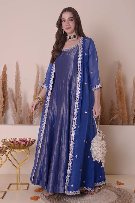 Surabhi Arya_Blue Organza, Tissue Embroidery, Gota Patti Round Floral Jacket With Anarkali _Online_at_Aza_Fashions