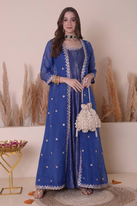 Buy_Surabhi Arya_Blue Organza, Tissue Embroidery, Gota Patti Round Floral Jacket With Anarkali _Online_at_Aza_Fashions