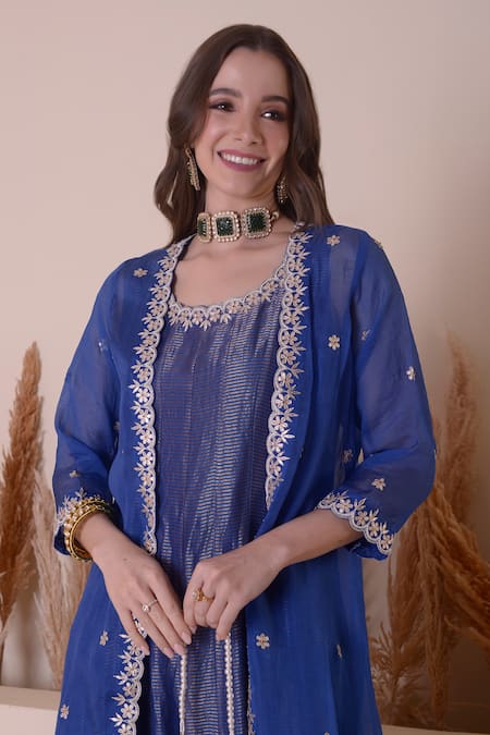 Shop_Surabhi Arya_Blue Organza, Tissue Embroidery, Gota Patti Round Floral Jacket With Anarkali _Online_at_Aza_Fashions