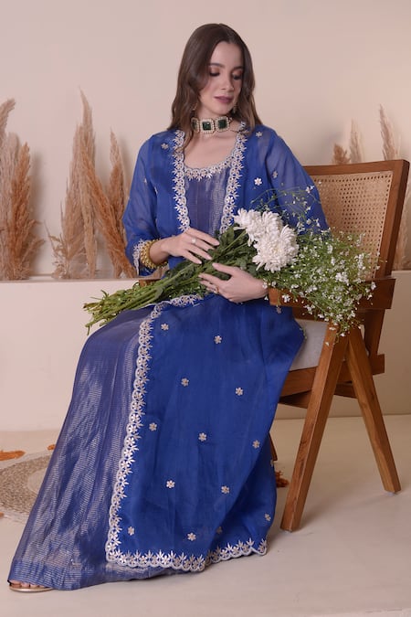 Surabhi Arya_Blue Organza, Tissue Embroidery, Gota Patti Round Floral Jacket With Anarkali _at_Aza_Fashions