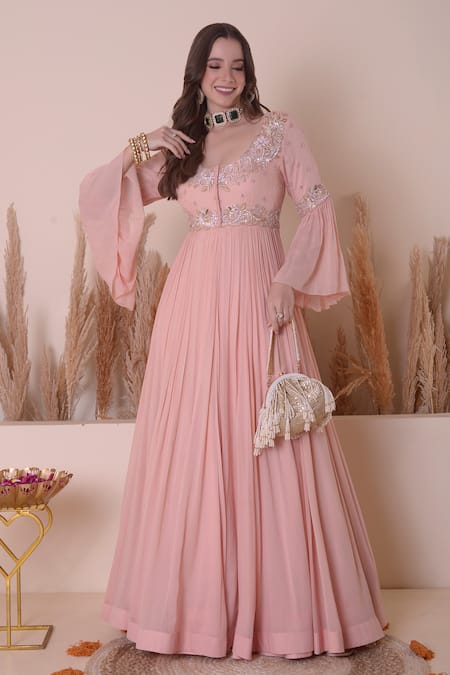 Surabhi Arya Pink Georgette Embroidery Floral Bodice Anarkali Gown With Jacket 