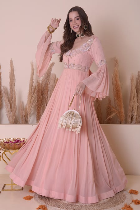 Shop_Surabhi Arya_Pink Organza, Georgette Sequins, Gota Floral Bodice Anarkali Gown With Jacket _at_Aza_Fashions