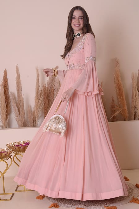 Surabhi Arya_Pink Organza, Georgette Sequins, Gota Floral Bodice Anarkali Gown With Jacket _Online_at_Aza_Fashions