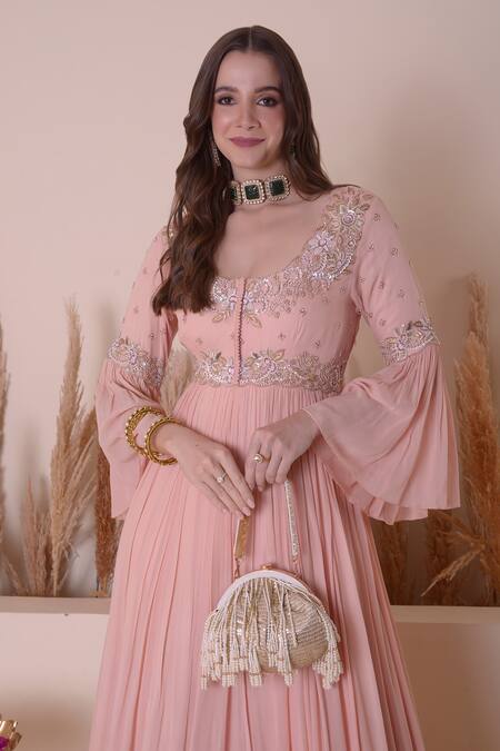 Buy_Surabhi Arya_Pink Organza, Georgette Sequins, Gota Floral Bodice Anarkali Gown With Jacket _Online_at_Aza_Fashions