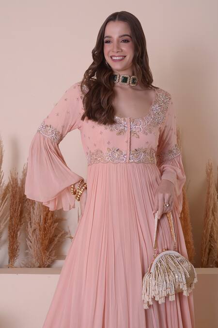 Shop_Surabhi Arya_Pink Organza, Georgette Sequins, Gota Floral Bodice Anarkali Gown With Jacket _Online_at_Aza_Fashions